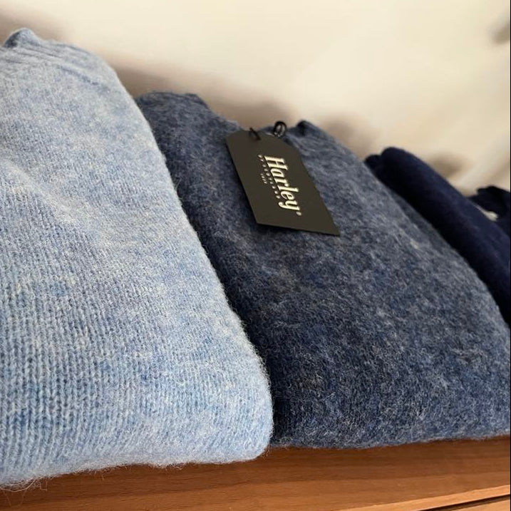 Harley of Scotland brushed Shetland wool sweater in Denim