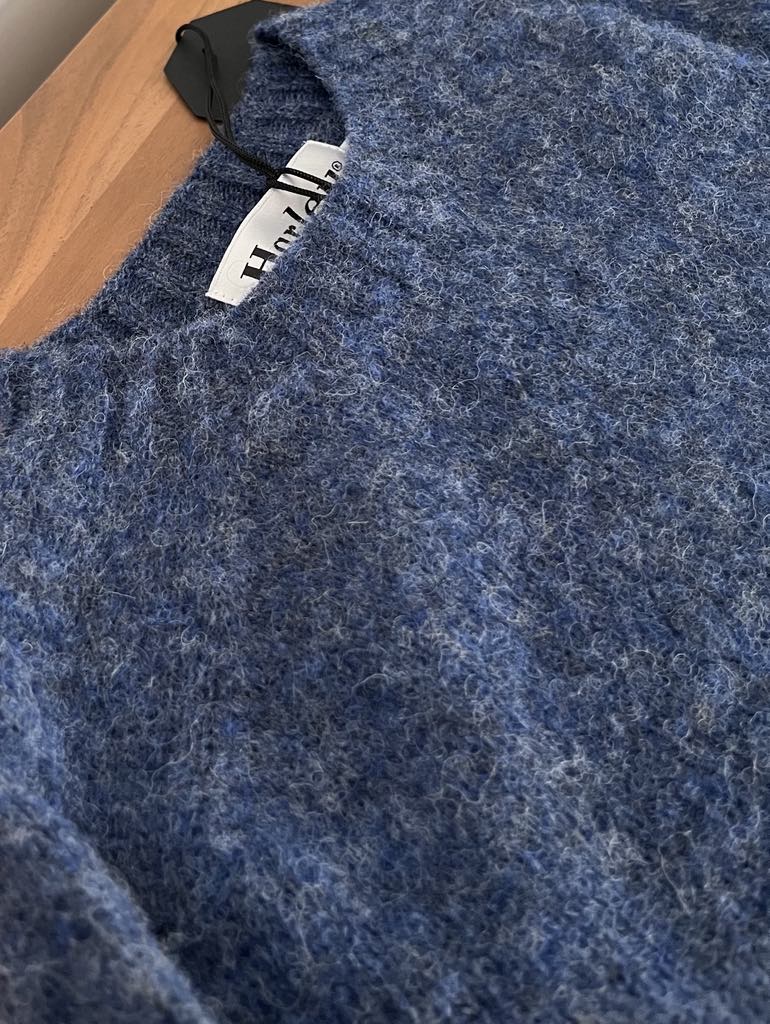 “Harley of Scotland brushed Shetland wool sweater in Denim