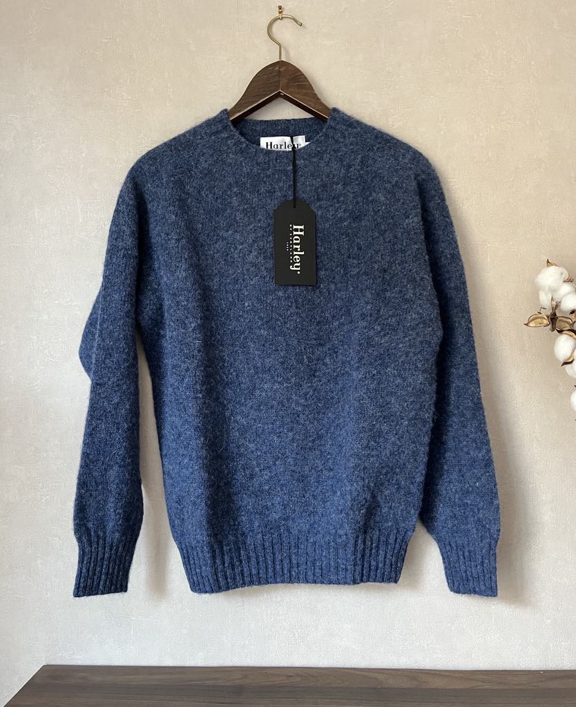 “Harley of Scotland brushed Shetland wool sweater in Denim